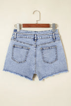 Rhinestone Light Wash Raw Hem High Waist Denim Shorts