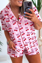 Bow Print Button Up Top and Shorts Pajama Set