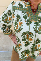 Plus Size Floral Printed Contrast Patchwork Detail Tassel Tie 3/4 Sleeve Blouse