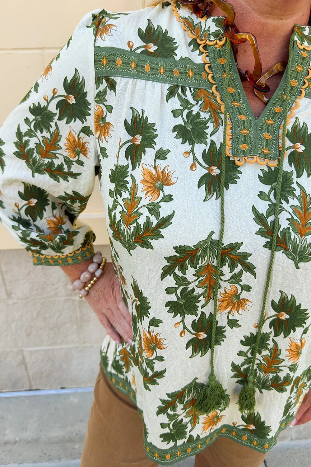 Plus Size Floral Printed Contrast Patchwork Detail Tassel Tie 3/4 Sleeve Blouse