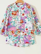 Floral Print Patchwork Frilly Neckline Long Sleeve Shirt