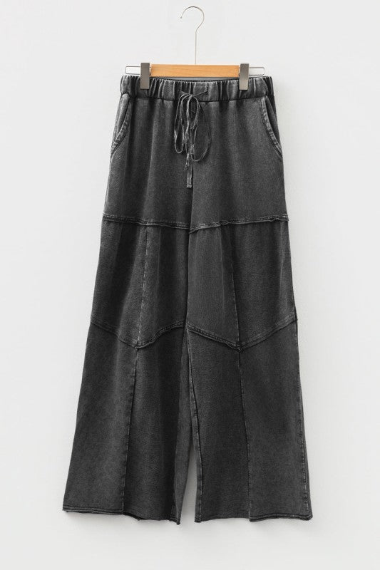Mineral Wash Patchwork Tiered Wide Leg Pants