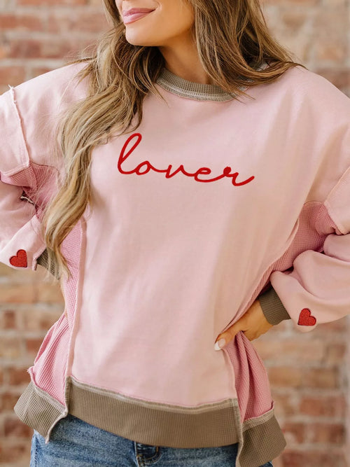 Color Block Patchwork Lovers Embroidered Letter Sweatshirt