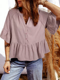 Notched Ruffled Loose Blouse