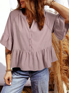 Notched Ruffled Loose Blouse