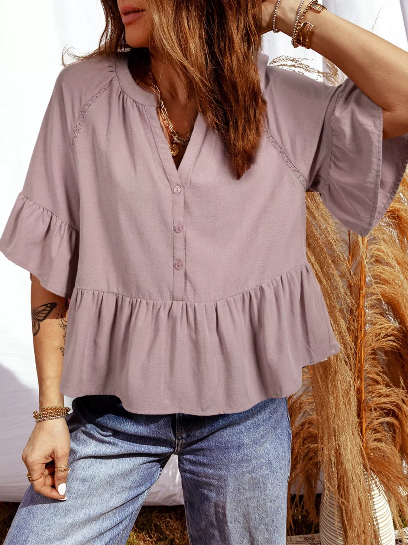 Notched Ruffled Loose Blouse