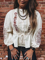 Embroidered Drawstring Waist Blouse