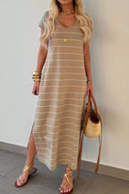 Casual Striped Side Slit Midi Dress