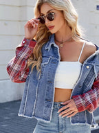 Raw Hem Plaid Sleeve Denim Jacket