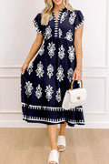 Printed Notched Short Sleeve Dress