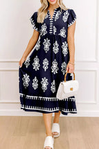 Printed Notched Short Sleeve Dress