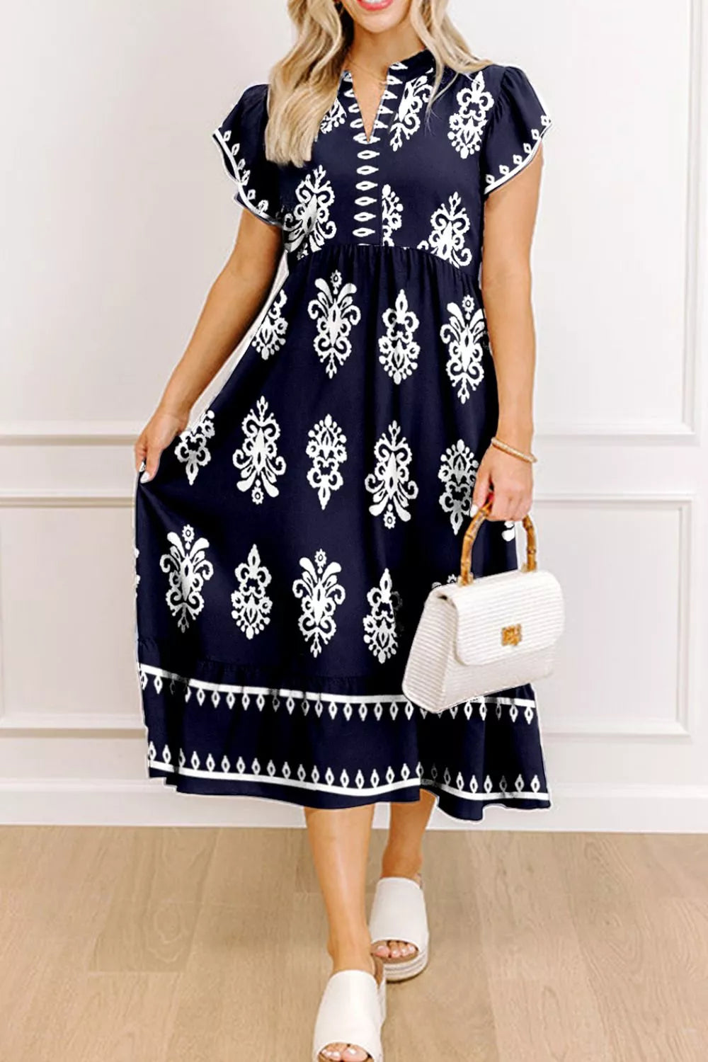 Printed Notched Short Sleeve Dress