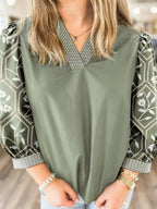 Floral Puff Sleeve Contrast V Neck Patchwork Blouse
