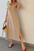 Casual Striped Side Slit Midi Dress