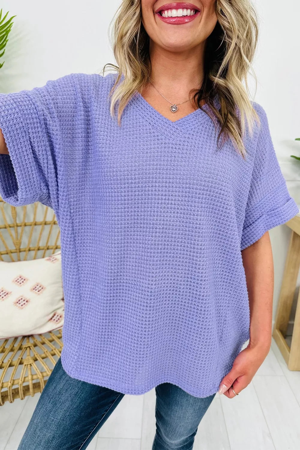 Waffle V Neck Short Sleeve Top