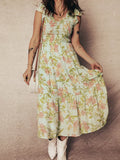 Smocked Bodice Ruffled Sleeveless Tiered Floral Dress