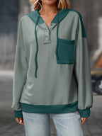 Casual Color Block Button Detail Hoodie