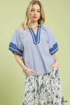 Umgee Striped Mixed Puff Sleeve Blouse