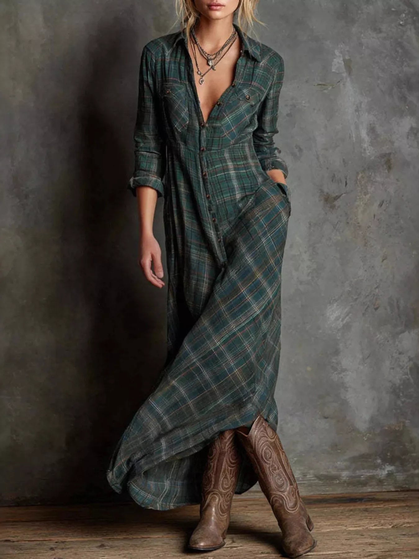 Plaid Long Sleeve Maxi Dress