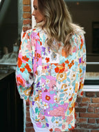 Floral Print Patchwork Frilly Neckline Long Sleeve Shirt