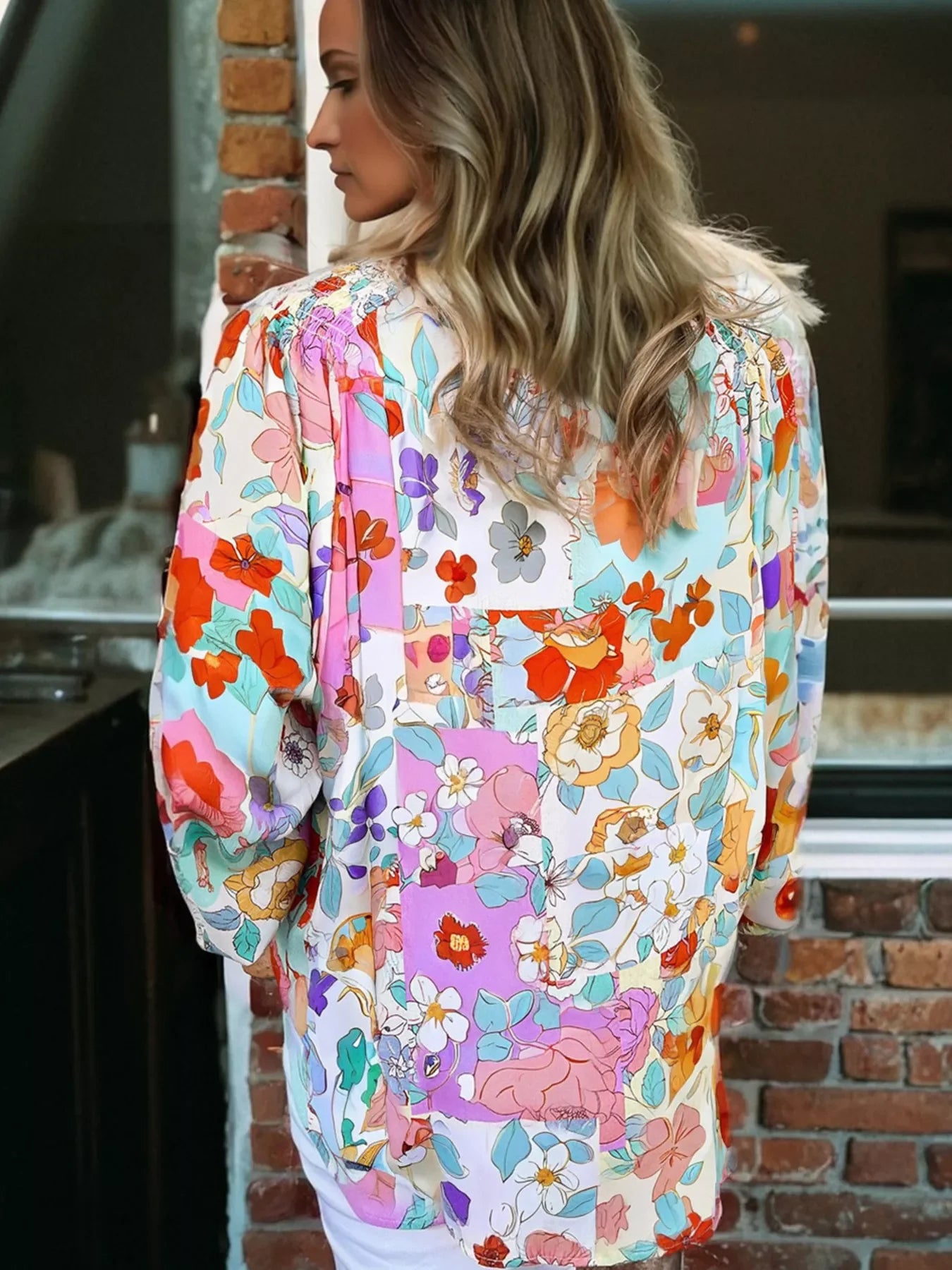Floral Print Patchwork Frilly Neckline Long Sleeve Shirt