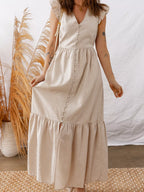 Stripe Flutter Sleeve Buttoned Front Slit Maxi Dress