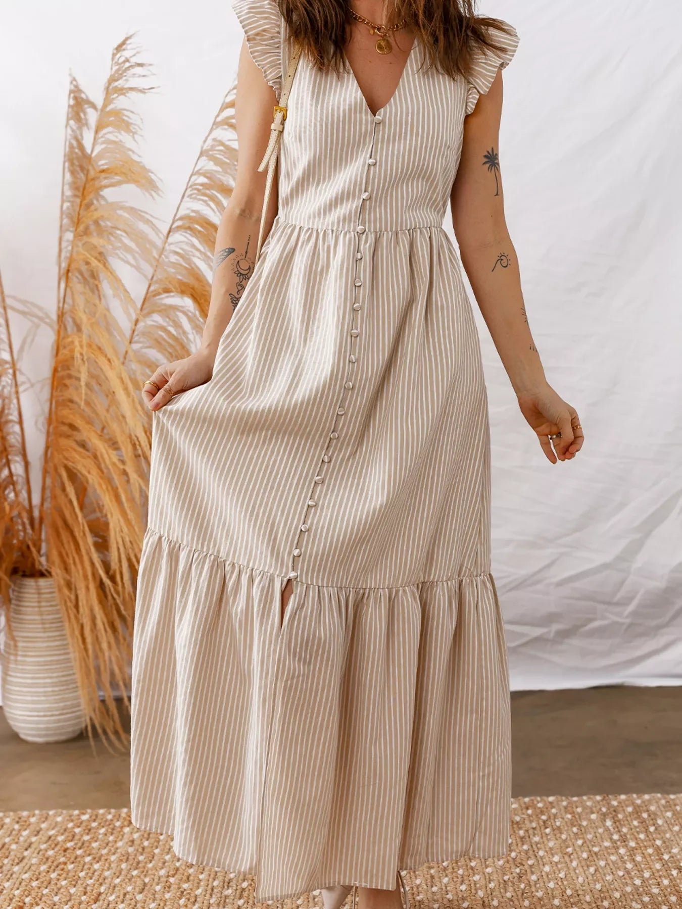 Stripe Flutter Sleeve Buttoned Front Slit Maxi Dress