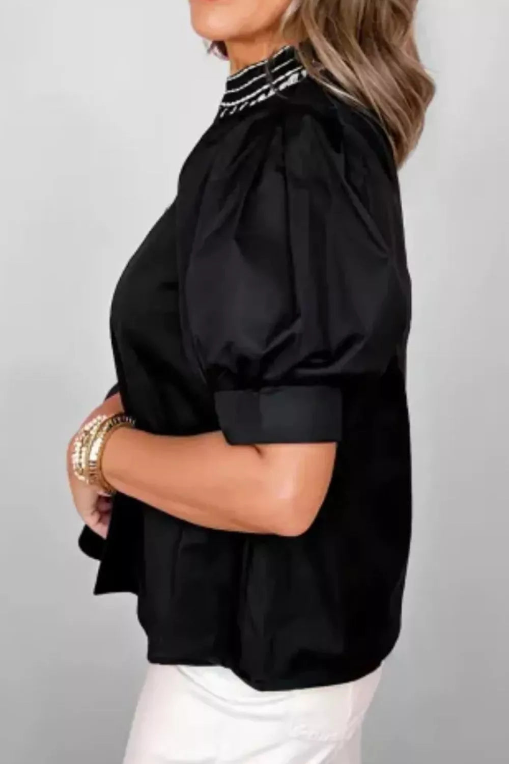 Short Puff Sleeve Contrast Embroidered Detail V Neck Blouse