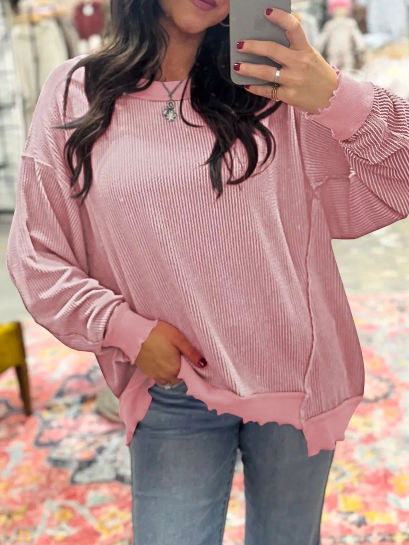 Ribbed Knit Dropped Shoulder Sweatshirt