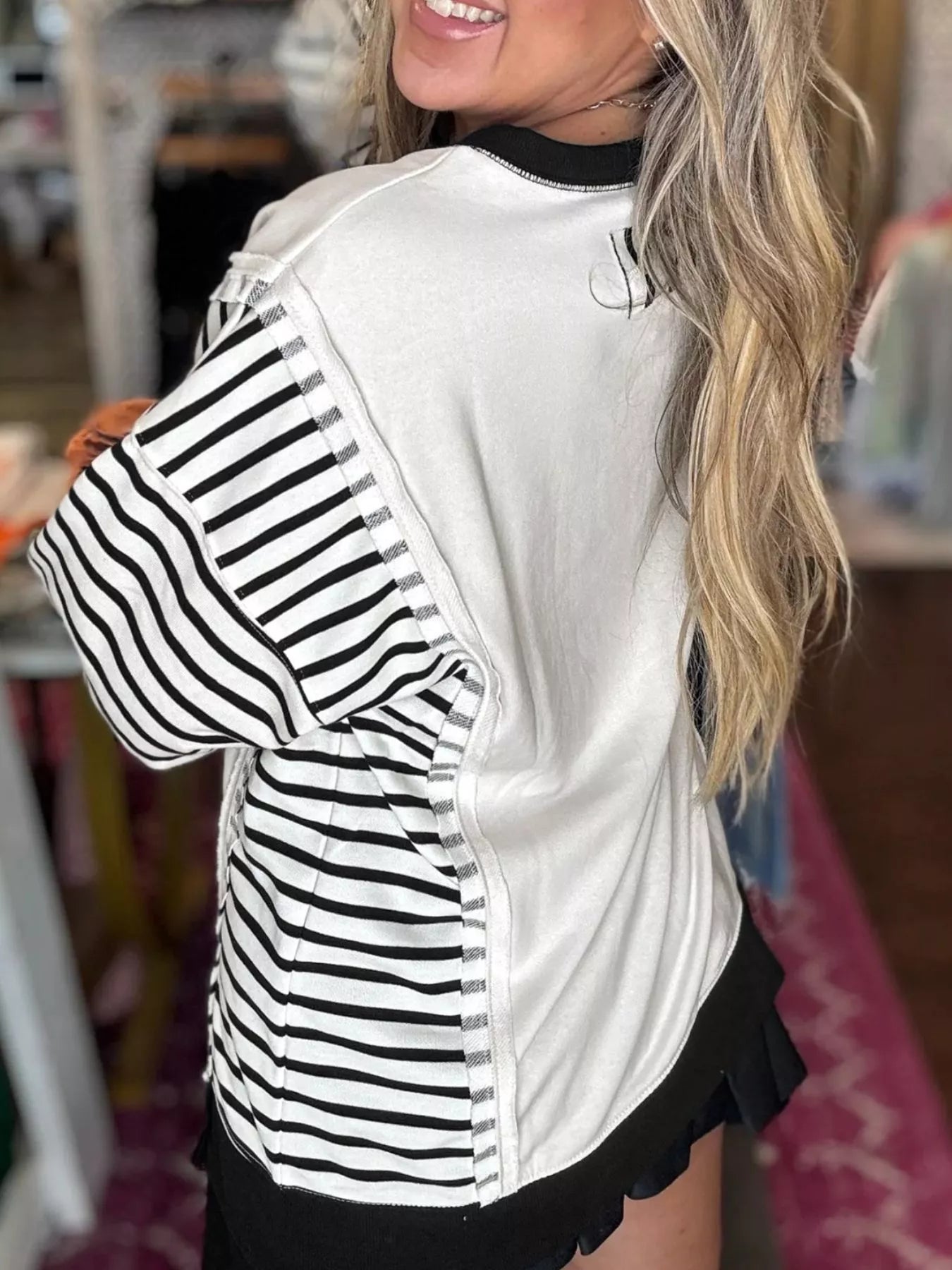Exposed Seam Striped Long Sleeve Sweatshirt