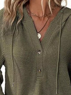 Full Size Button Detail Waffle Knit Hoodie Plus Size