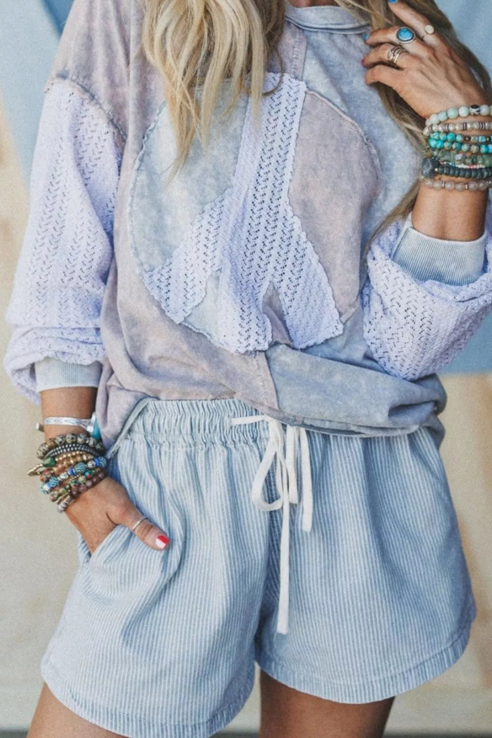 Striped Denim Shorts with Drawstring Waist