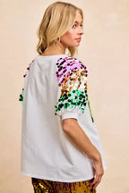 BiBi Sequin Mardi Gras Bottles Spangled Sleeve Top