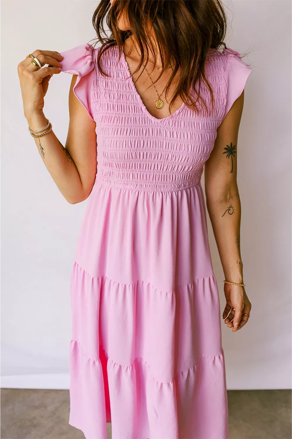 Smocked Bodice Flutter Sleeve Fit Flare Tiered Midi Dress