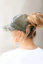 PonyFlo CAMO Distressed Messy Bun Cap Hat