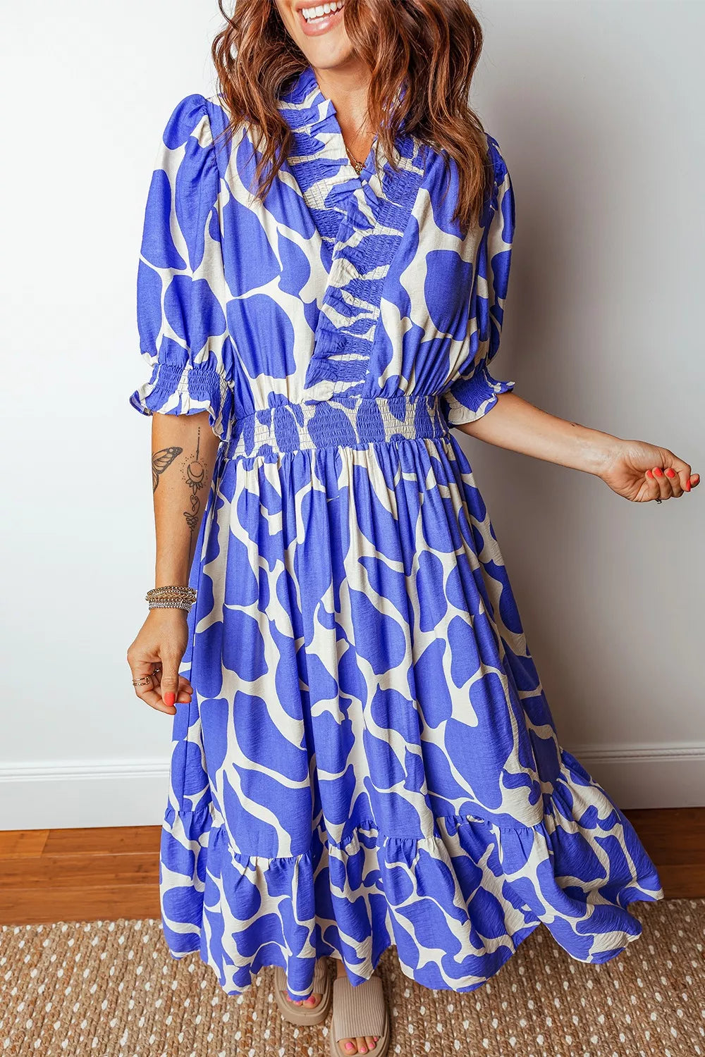 Abstract Print Smocked Waist Puff Half Sleeve Dress