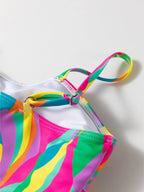 Multicolour Abstract Print Textured Spaghetti Strap High Waist Bikini Set