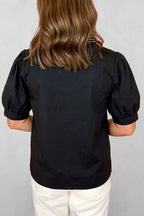 Short Puff Sleeve Contrast Embroidered Detail V Neck Blouse