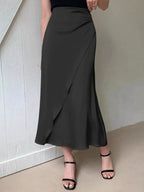 Asymmetric Wrap Midi Skirt with Fluted Hem