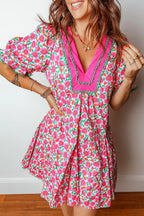 Floral Print V Neck Patchwork Short Bubble Sleeve Mini Dress
