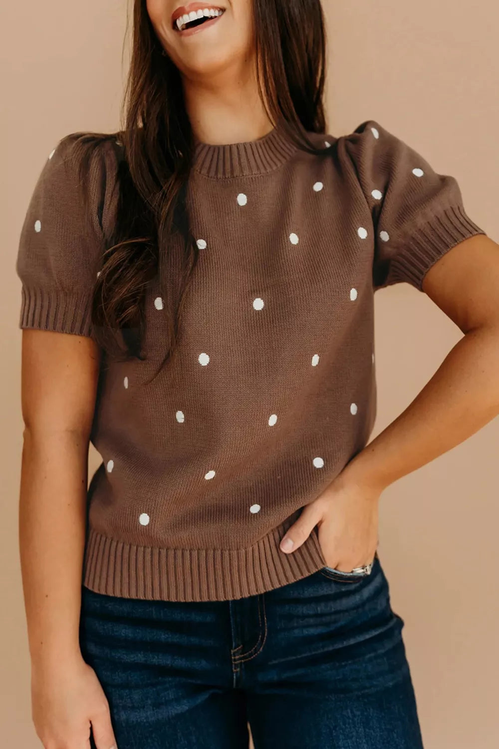 Ribbed Polka Dot Round Neck Knit Top