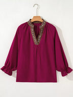Leopard Trim V Neck Flounced Bracelet Sleeve Blouse