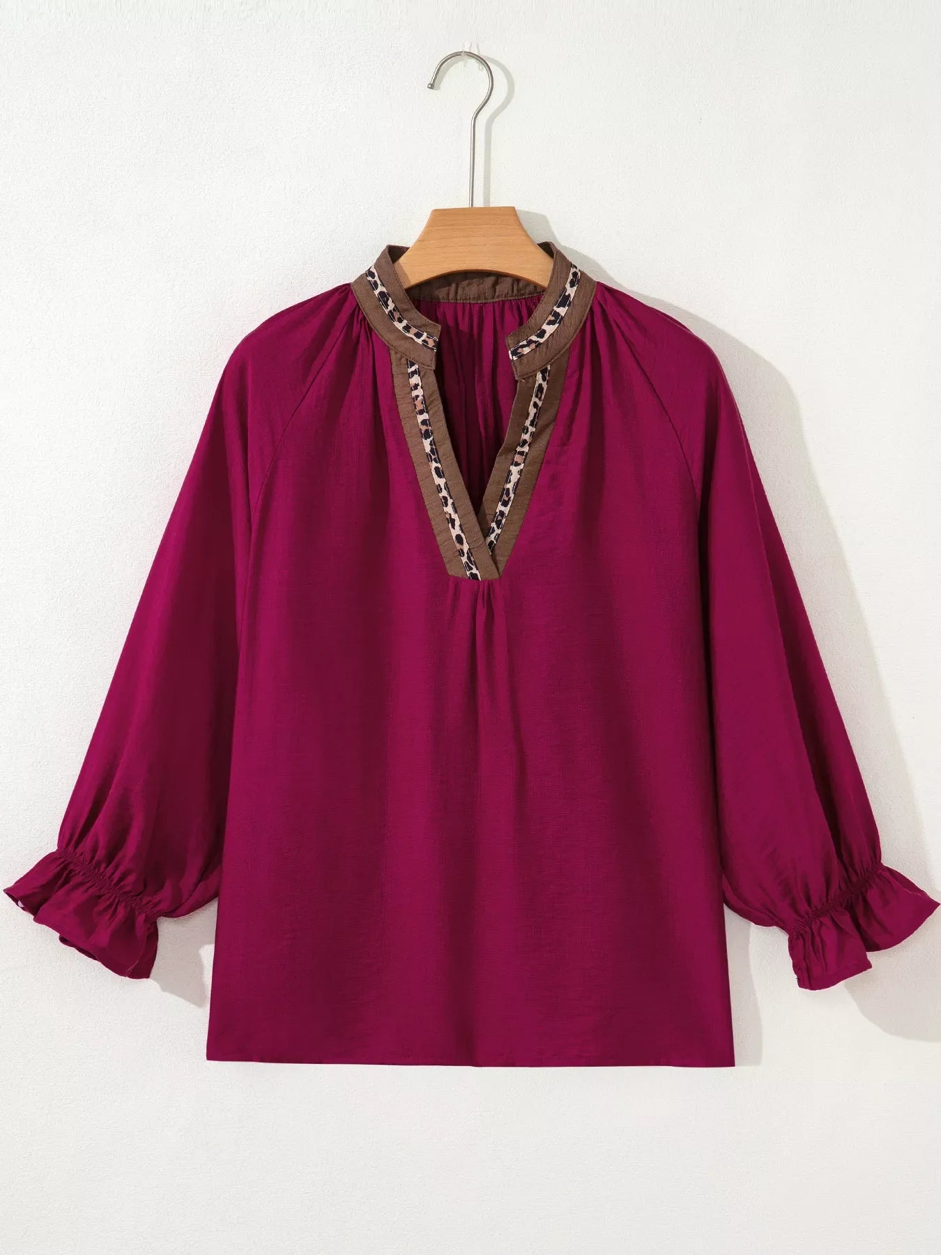 Leopard Trim V Neck Flounced Bracelet Sleeve Blouse