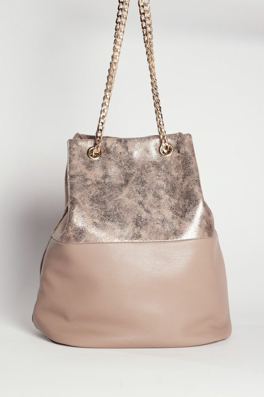 GLOSSY PU LEATHER FASHION BUCKET BAG