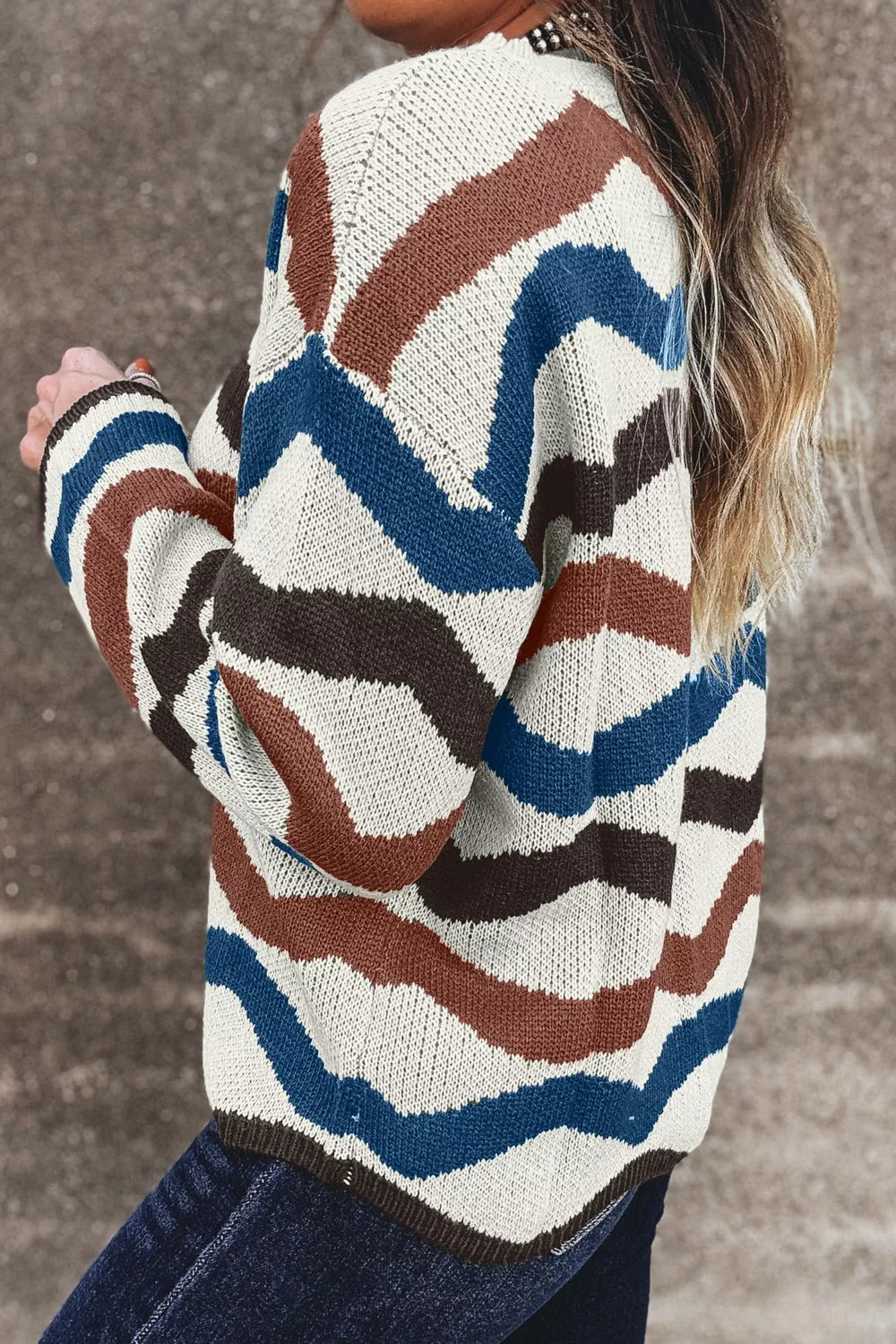 Chevron Striped Round Neck Sweater