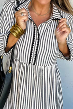 Stripe Scallop Trim Shirt Collar Half Button 3/4 Sleeve Dress