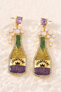 Gold Mardi Gras Shimmery CHAMPAGNE Pearl Rhinestone Studded Earrings