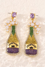 Gold Mardi Gras Shimmery CHAMPAGNE Pearl Rhinestone Studded Earrings