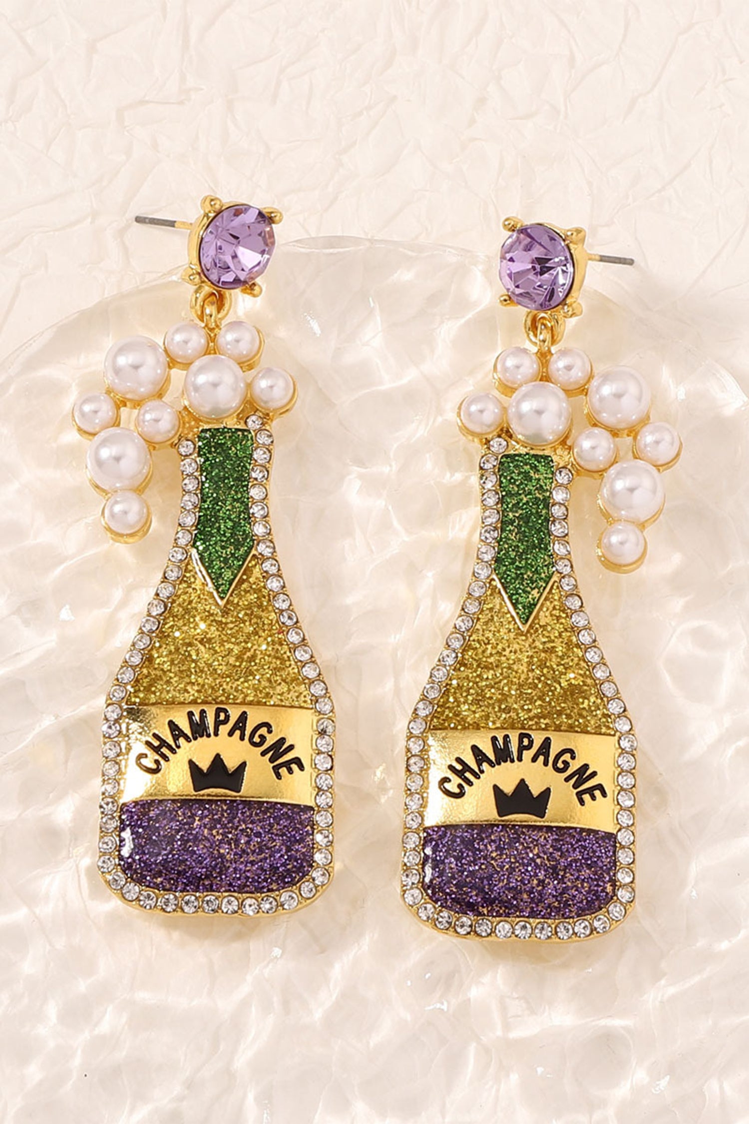 Gold Mardi Gras Shimmery CHAMPAGNE Pearl Rhinestone Studded Earrings