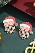 Fiery Red Pearl Beard Rhinestone Embellished Santa Claus Earrings